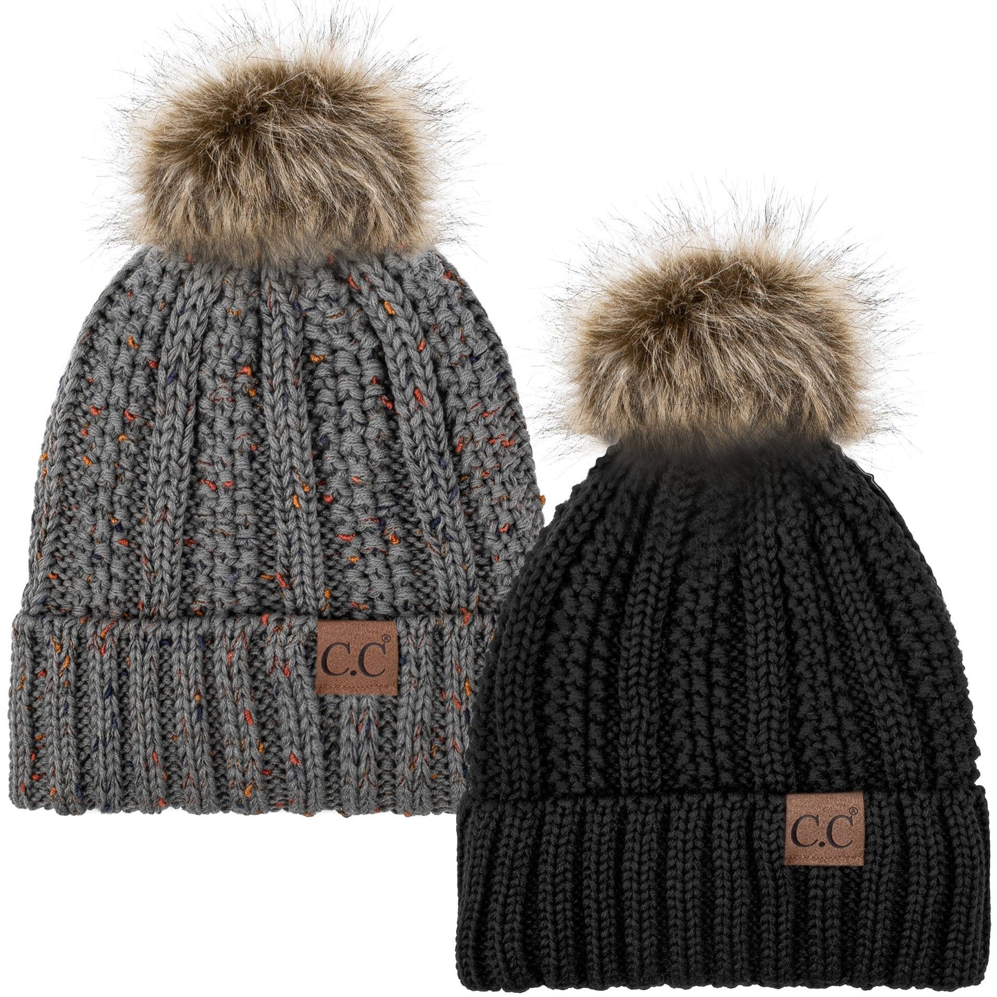 C.C Apparel Black and Confetti Natural Grey C.C Winter Warm Hat Pack of 2 with Faux Fur Pom Pom, Thick Cable Knit Beanie and Fleece Lined Cuff, Black and Color of Your Choice (YJ 820)