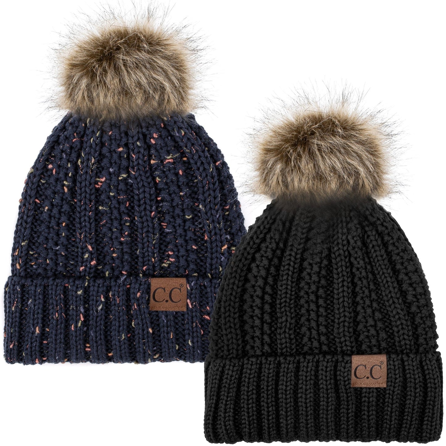 C.C Apparel Black and Confetti Navy C.C Winter Warm Hat Pack of 2 with Faux Fur Pom Pom, Thick Cable Knit Beanie and Fleece Lined Cuff, Black and Color of Your Choice (YJ 820)