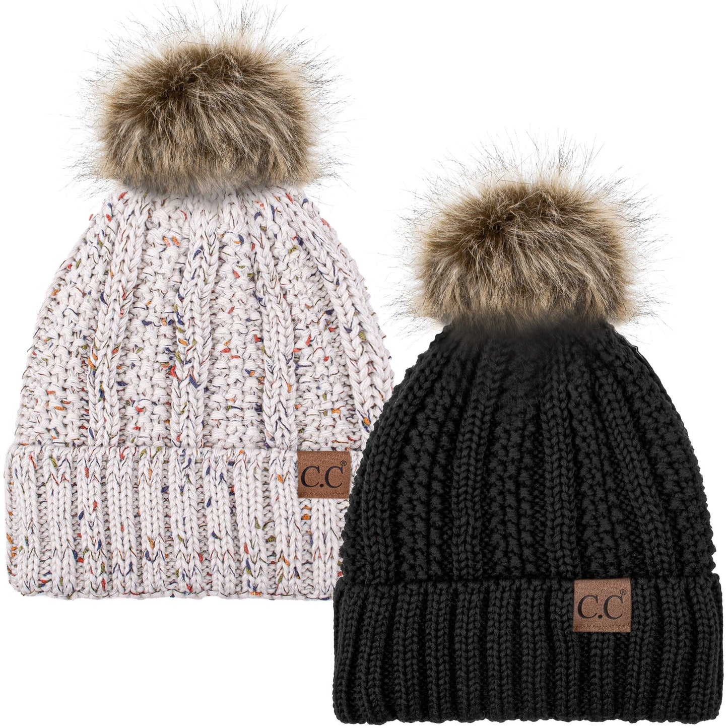 C.C Apparel Black and Confetti Oatmeal C.C Winter Warm Hat Pack of 2 with Faux Fur Pom Pom, Thick Cable Knit Beanie and Fleece Lined Cuff, Black and Color of Your Choice (YJ 820)