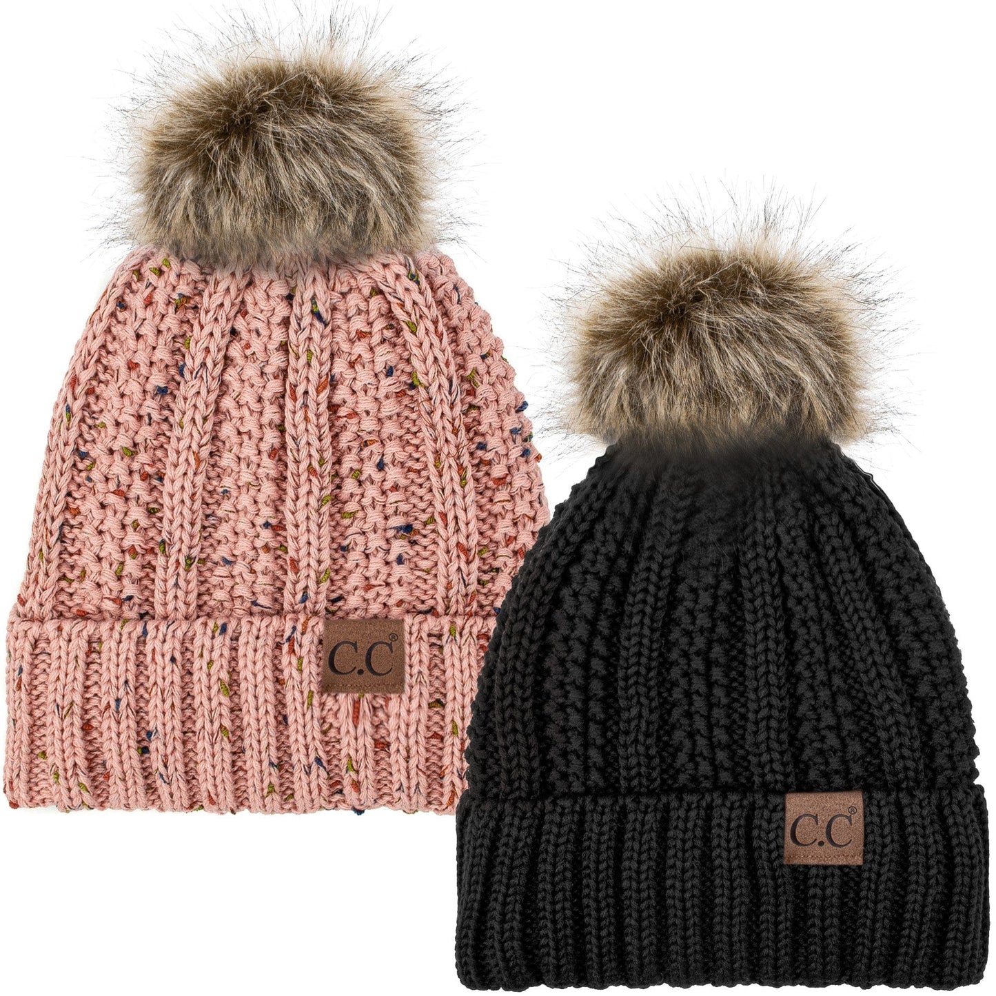 C.C Apparel Black and Confetti Pink C.C Winter Warm Hat Pack of 2 with Faux Fur Pom Pom, Thick Cable Knit Beanie and Fleece Lined Cuff, Black and Color of Your Choice (YJ 820)