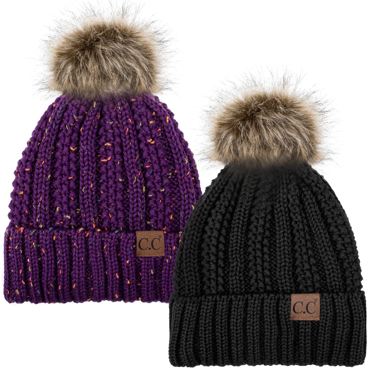 C.C Apparel Black and Confetti Purple C.C Winter Warm Hat Pack of 2 with Faux Fur Pom Pom, Thick Cable Knit Beanie and Fleece Lined Cuff, Black and Color of Your Choice (YJ 820)