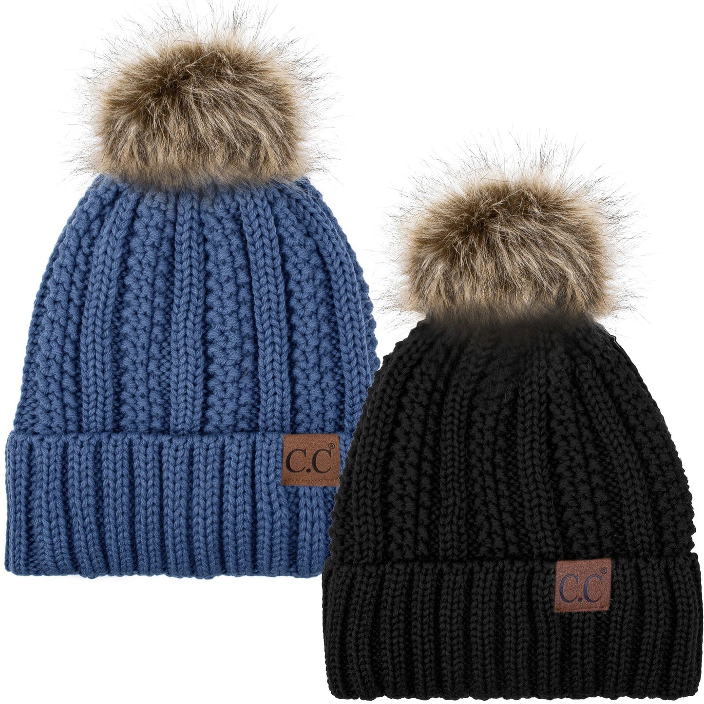 C.C Apparel Black and Dark Denim C.C Winter Warm Hat Pack of 2 with Faux Fur Pom Pom, Thick Cable Knit Beanie and Fleece Lined Cuff, Black and Color of Your Choice (YJ 820)