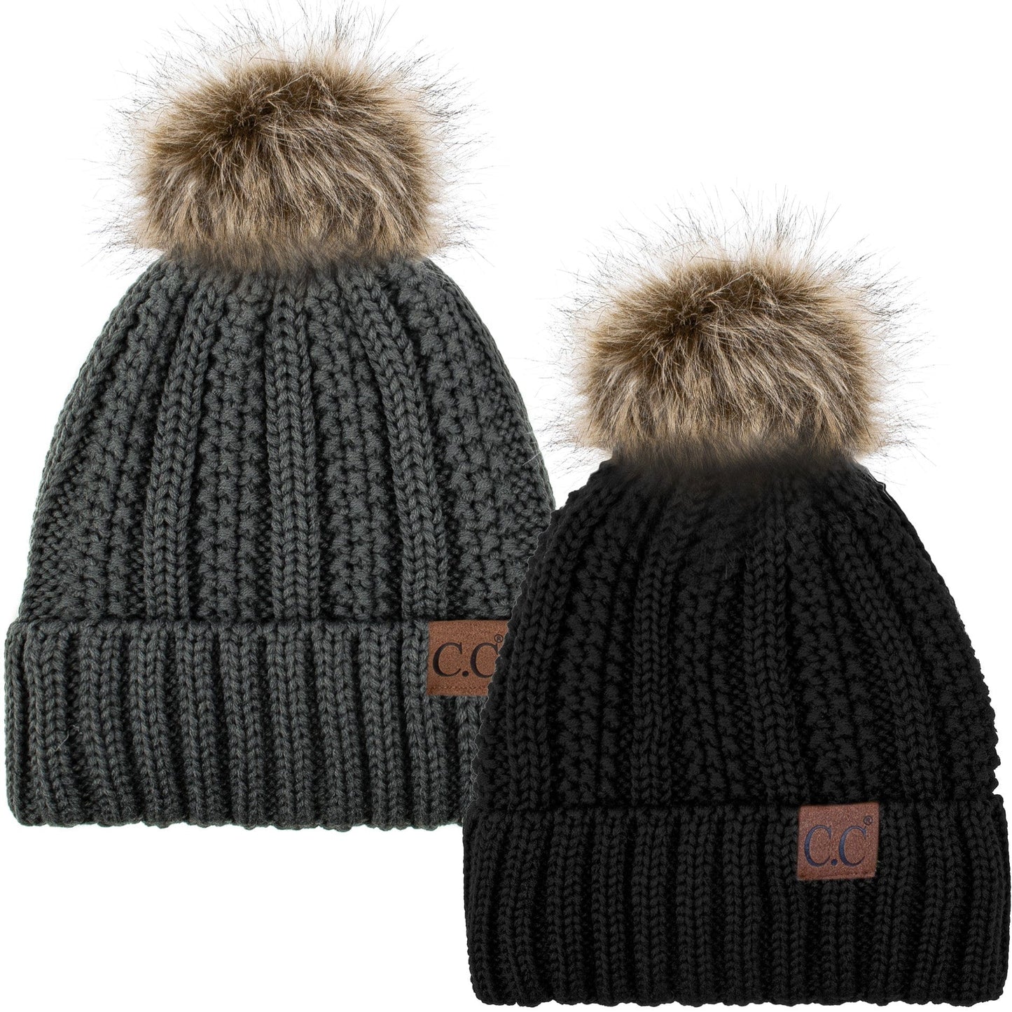 C.C Apparel Black and Dark Melange C.C Winter Warm Hat Pack of 2 with Faux Fur Pom Pom, Thick Cable Knit Beanie and Fleece Lined Cuff, Black and Color of Your Choice (YJ 820)