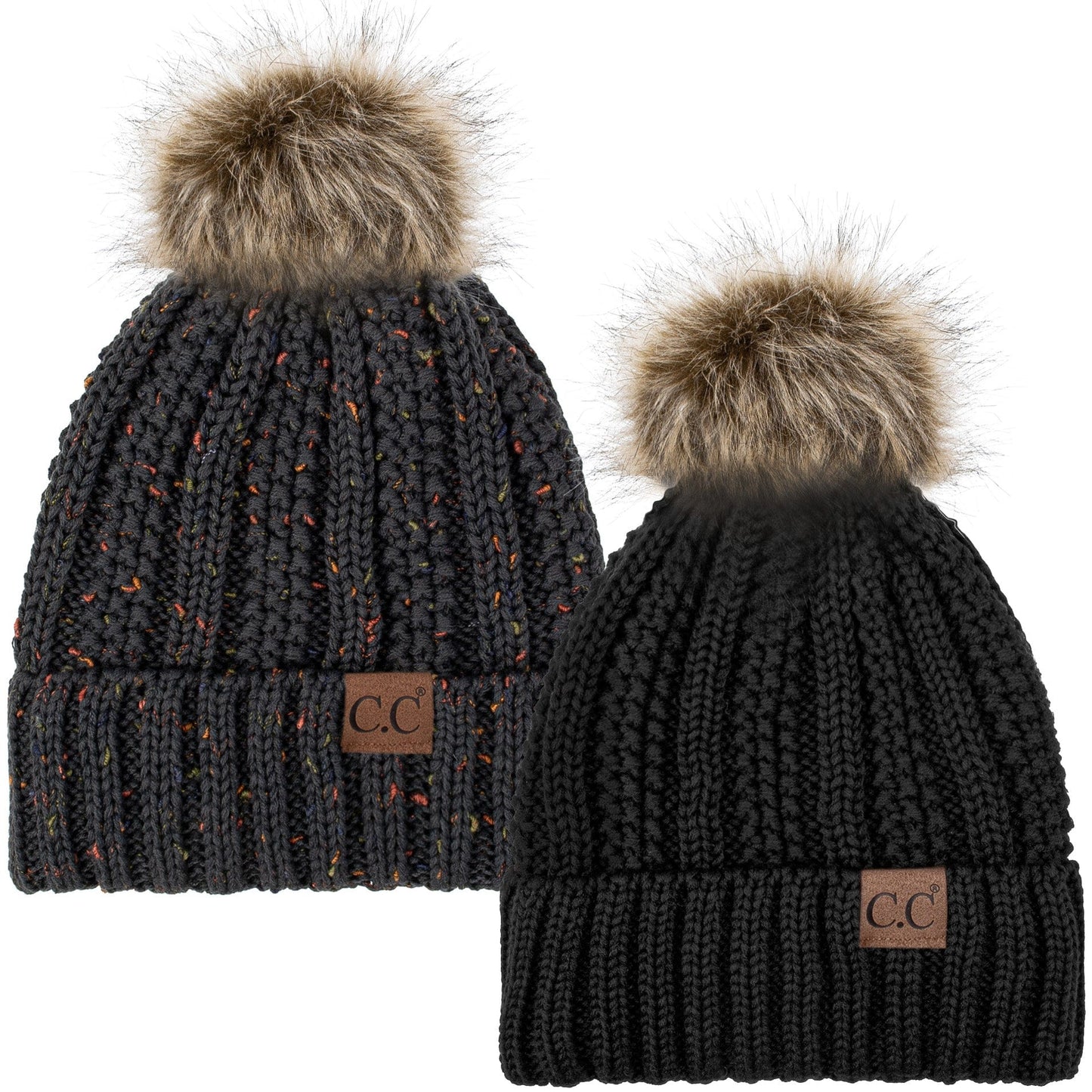 C.C Apparel Black and Dark Melange Grey C.C Winter Warm Hat Pack of 2 with Faux Fur Pom Pom, Thick Cable Knit Beanie and Fleece Lined Cuff, Black and Color of Your Choice (YJ 820)