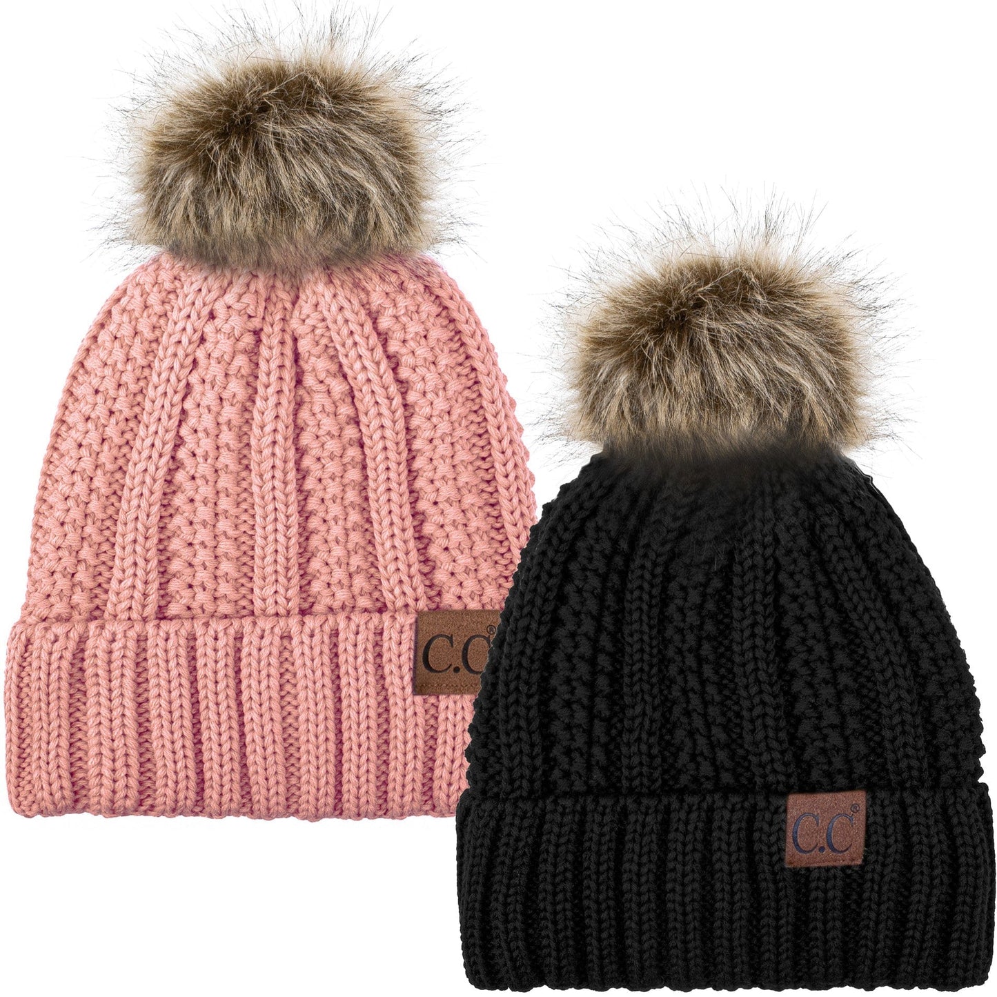 C.C Apparel Black and Indi Pink C.C Winter Warm Hat Pack of 2 with Faux Fur Pom Pom, Thick Cable Knit Beanie and Fleece Lined Cuff, Black and Color of Your Choice (YJ 820)