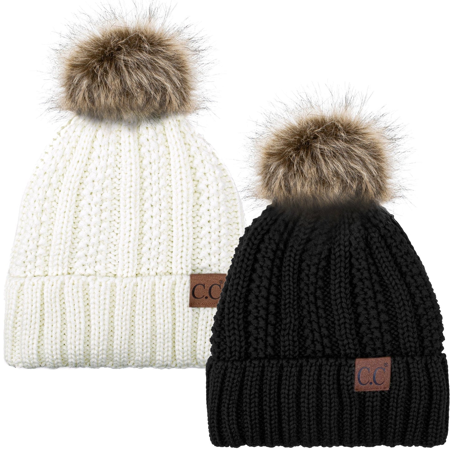 C.C Apparel Black and Ivory C.C Winter Warm Hat Pack of 2 with Faux Fur Pom Pom, Thick Cable Knit Beanie and Fleece Lined Cuff, Black and Color of Your Choice (YJ 820)
