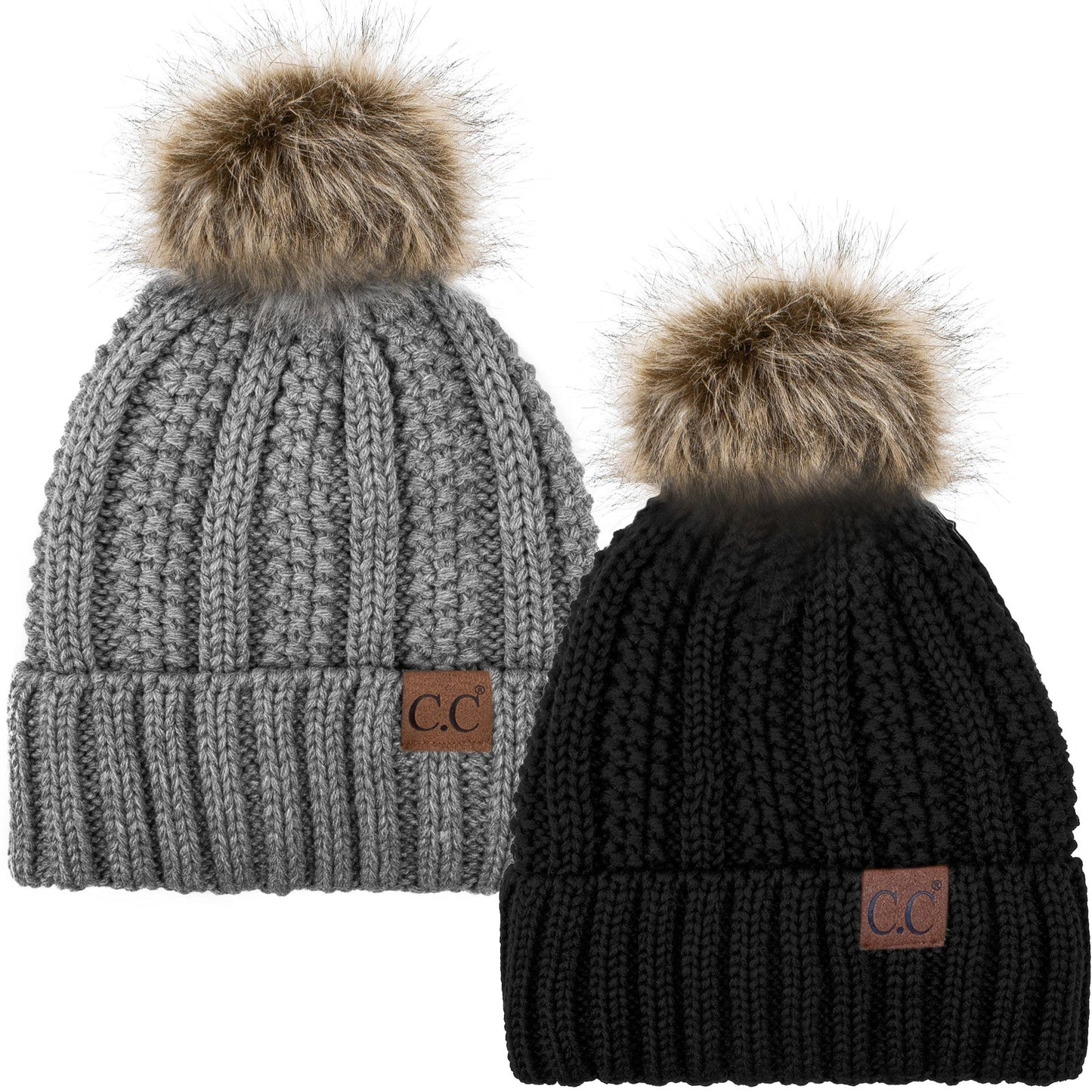 C.C Apparel Black and Lt Melange C.C Winter Warm Hat Pack of 2 with Faux Fur Pom Pom, Thick Cable Knit Beanie and Fleece Lined Cuff, Black and Color of Your Choice (YJ 820)
