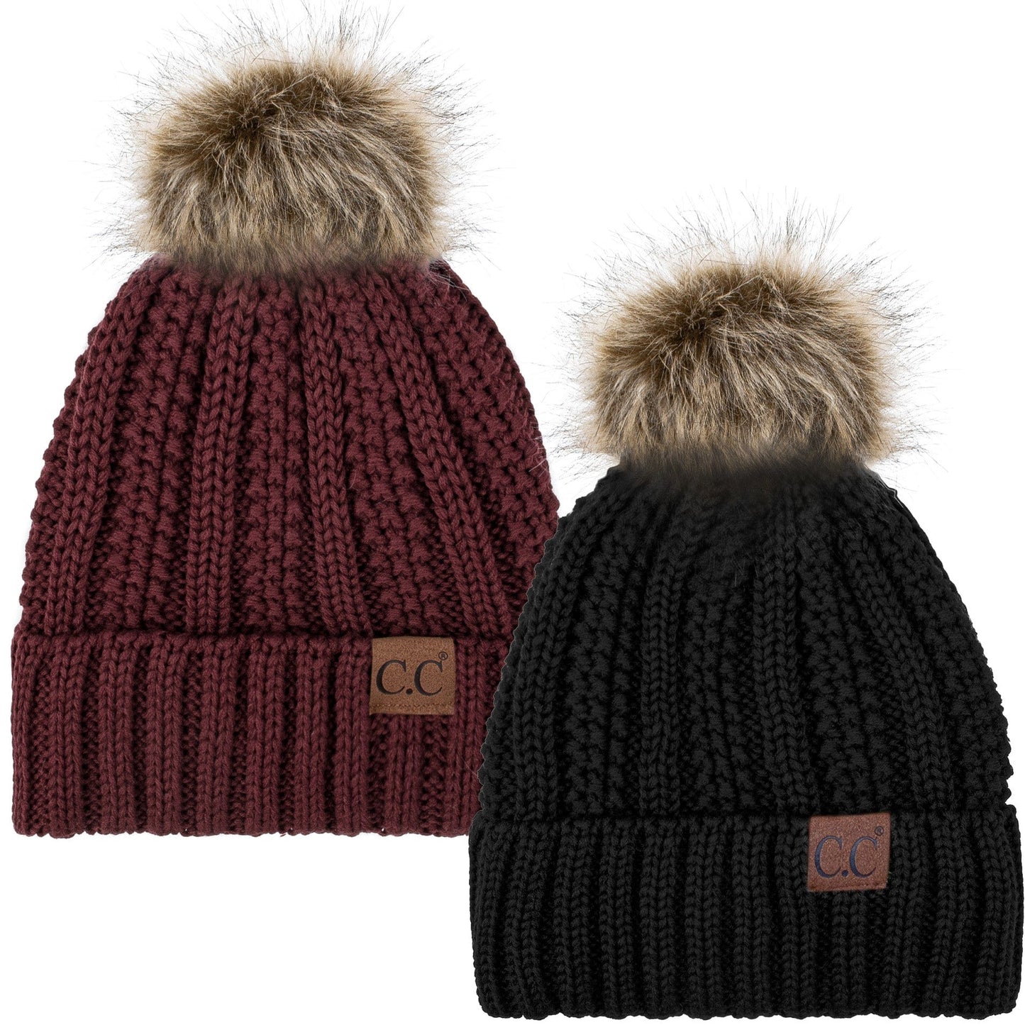 C.C Apparel Black and Maroon C.C Winter Warm Hat Pack of 2 with Faux Fur Pom Pom, Thick Cable Knit Beanie and Fleece Lined Cuff, Black and Color of Your Choice (YJ 820)