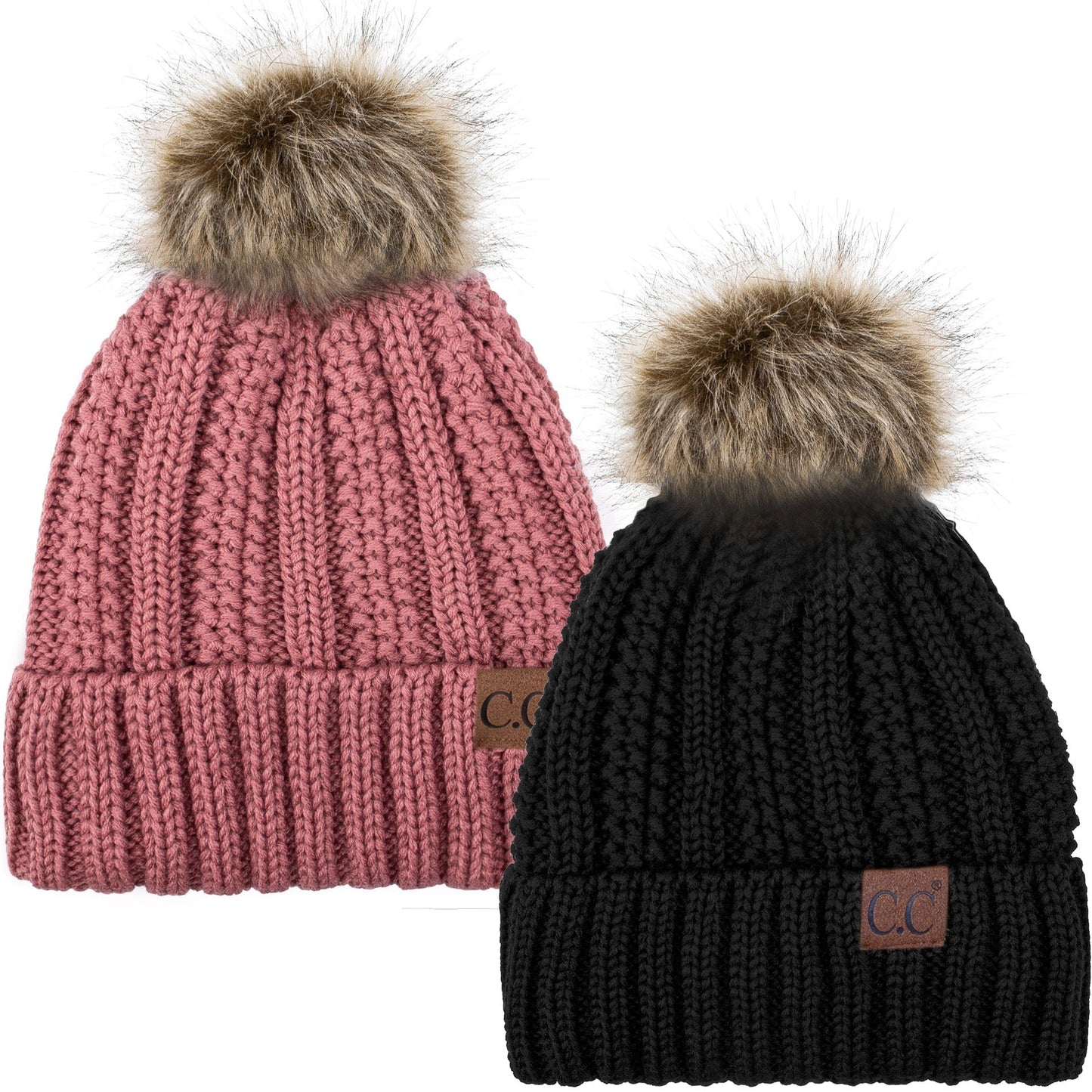 C.C Apparel Black and Mauve C.C Winter Warm Hat Pack of 2 with Faux Fur Pom Pom, Thick Cable Knit Beanie and Fleece Lined Cuff, Black and Color of Your Choice (YJ 820)