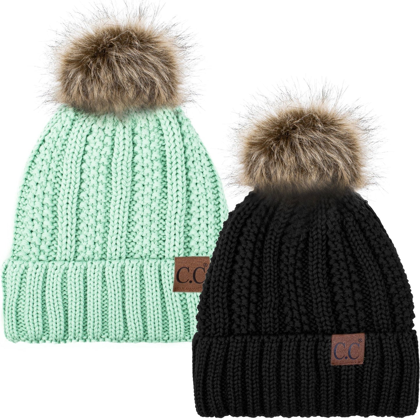 C.C Apparel Black and Mint C.C Winter Warm Hat Pack of 2 with Faux Fur Pom Pom, Thick Cable Knit Beanie and Fleece Lined Cuff, Black and Color of Your Choice (YJ 820)