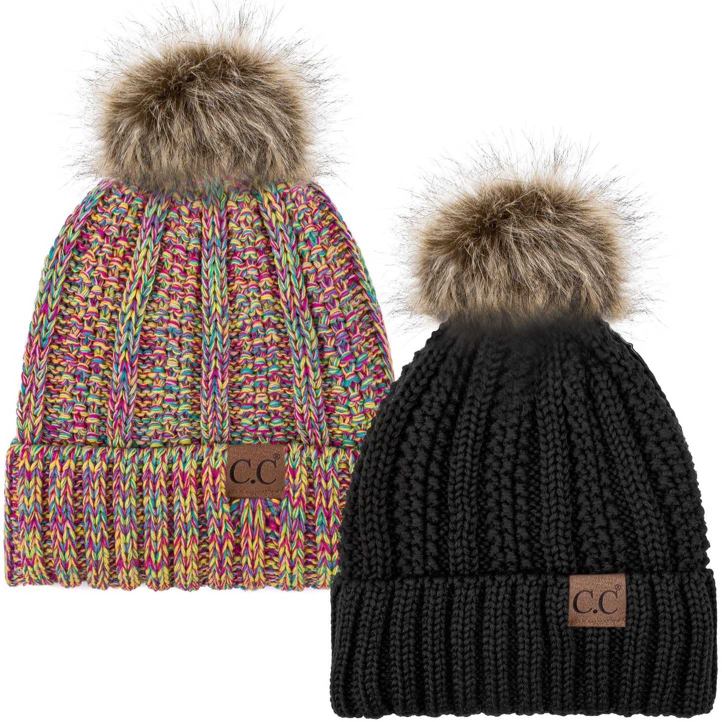 C.C Apparel Black and Mix 11 C.C Winter Warm Hat Pack of 2 with Faux Fur Pom Pom, Thick Cable Knit Beanie and Fleece Lined Cuff, Black and Color of Your Choice (YJ 820)