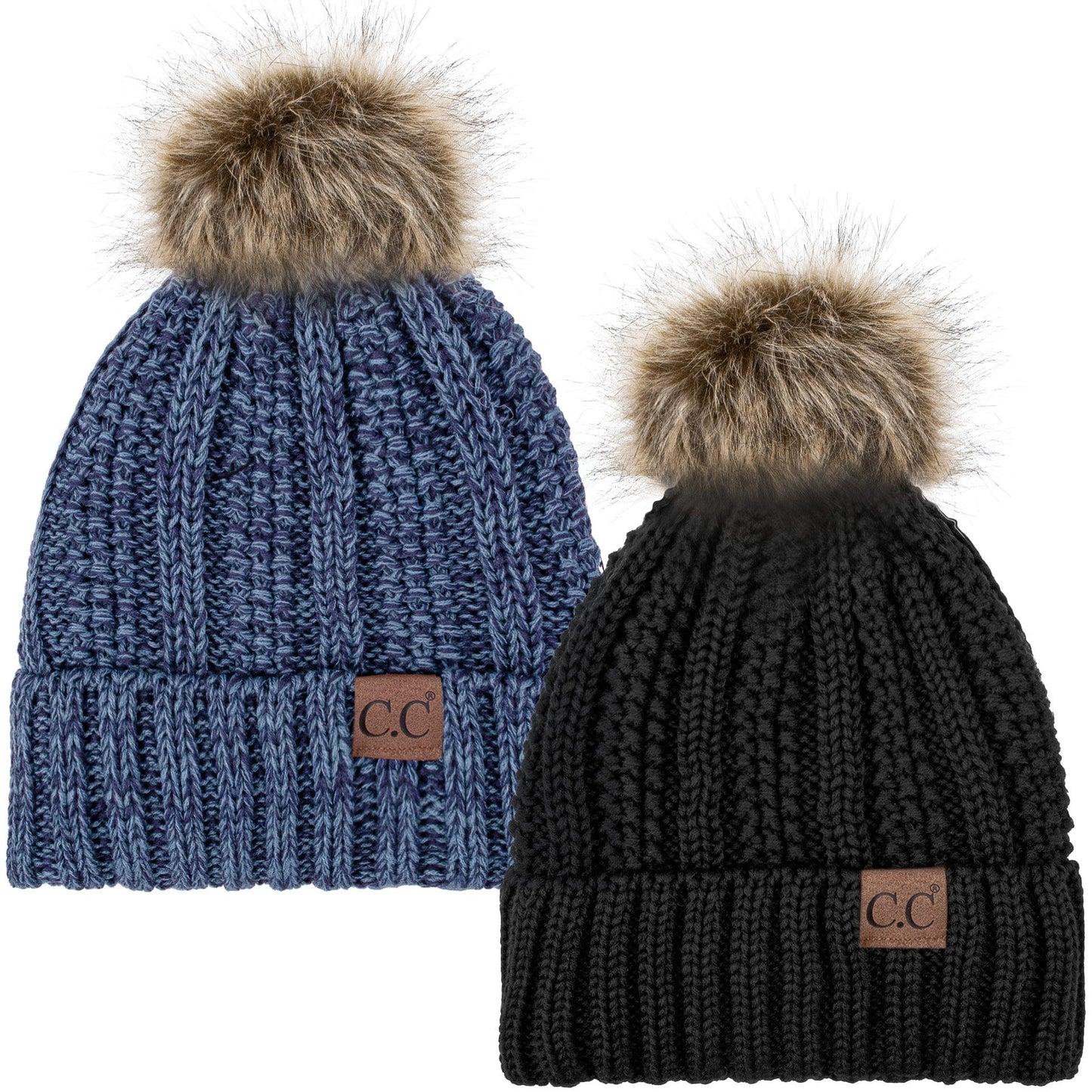 C.C Apparel Black and Mix 19 C.C Winter Warm Hat Pack of 2 with Faux Fur Pom Pom, Thick Cable Knit Beanie and Fleece Lined Cuff, Black and Color of Your Choice (YJ 820)