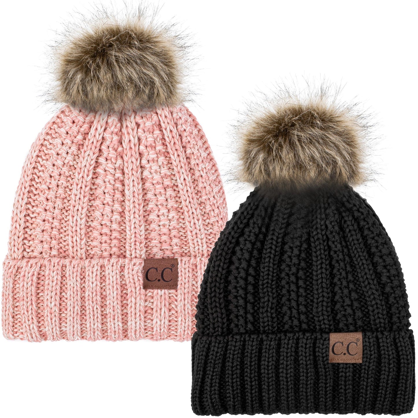 C.C Apparel Black and Mix 2 C.C Winter Warm Hat Pack of 2 with Faux Fur Pom Pom, Thick Cable Knit Beanie and Fleece Lined Cuff, Black and Color of Your Choice (YJ 820)