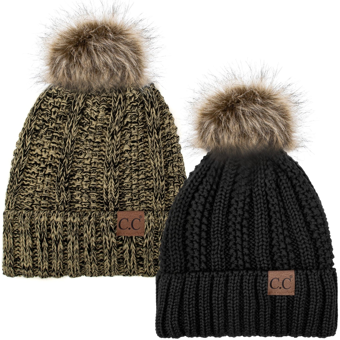 C.C Apparel Black and Mix 22 C.C Winter Warm Hat Pack of 2 with Faux Fur Pom Pom, Thick Cable Knit Beanie and Fleece Lined Cuff, Black and Color of Your Choice (YJ 820)