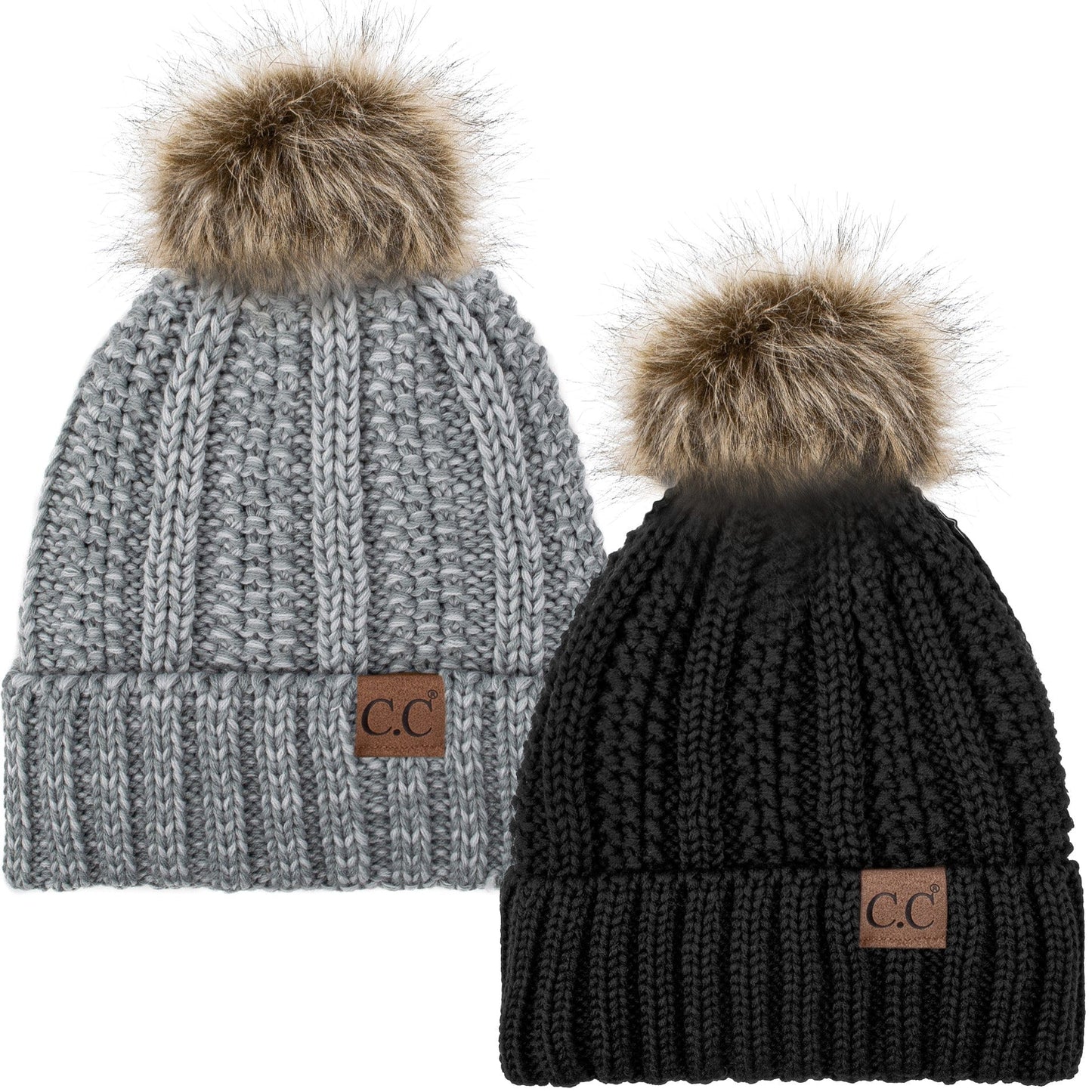 C.C Apparel Black and Mix 28 C.C Winter Warm Hat Pack of 2 with Faux Fur Pom Pom, Thick Cable Knit Beanie and Fleece Lined Cuff, Black and Color of Your Choice (YJ 820)