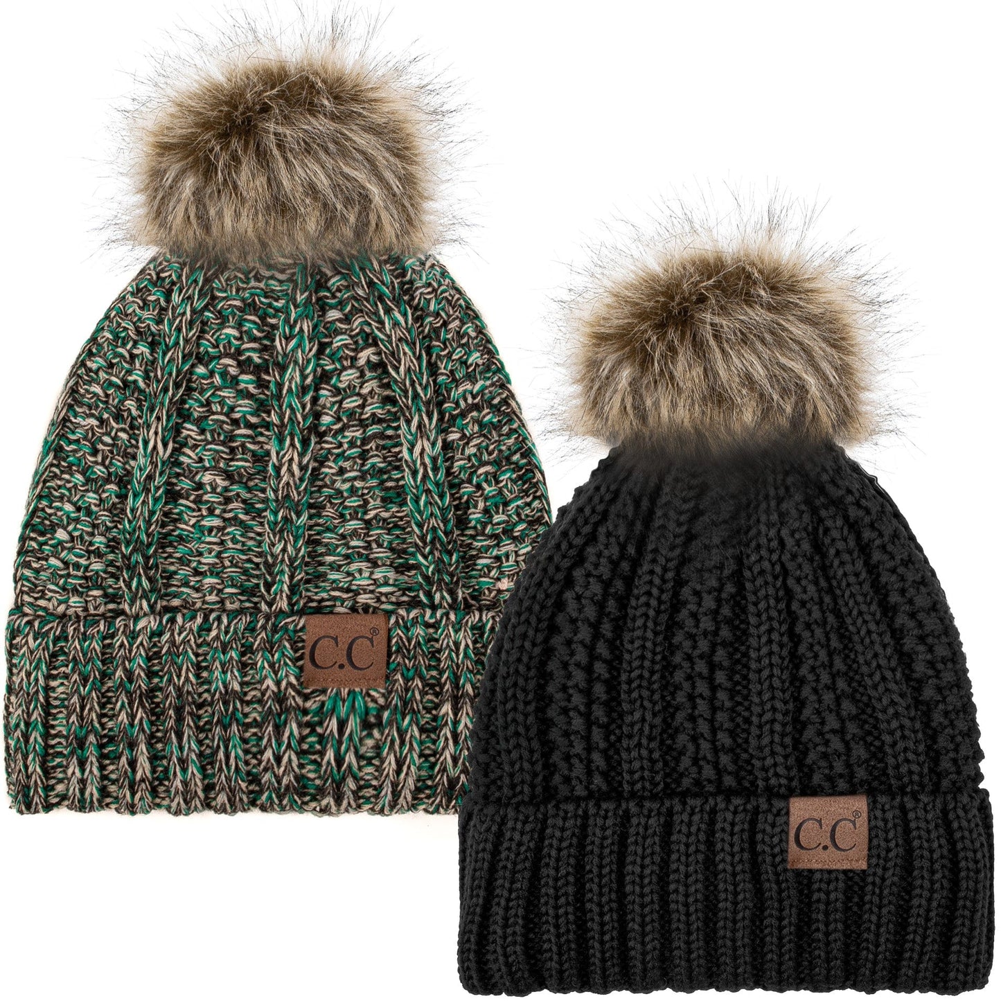 C.C Apparel Black and Mix 3 C.C Winter Warm Hat Pack of 2 with Faux Fur Pom Pom, Thick Cable Knit Beanie and Fleece Lined Cuff, Black and Color of Your Choice (YJ 820)