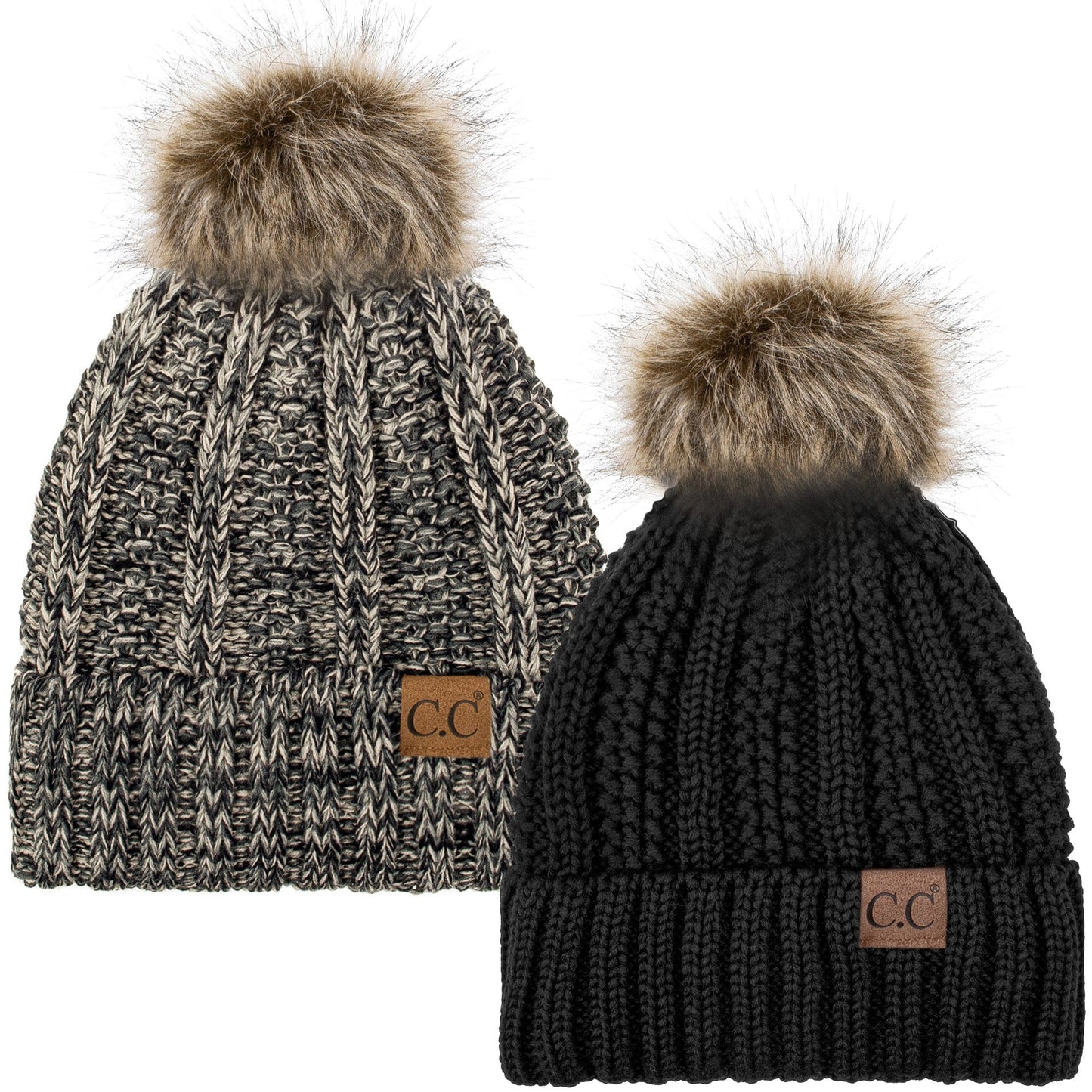 C.C Apparel Black and Mix 31 C.C Winter Warm Hat Pack of 2 with Faux Fur Pom Pom, Thick Cable Knit Beanie and Fleece Lined Cuff, Black and Color of Your Choice (YJ 820)