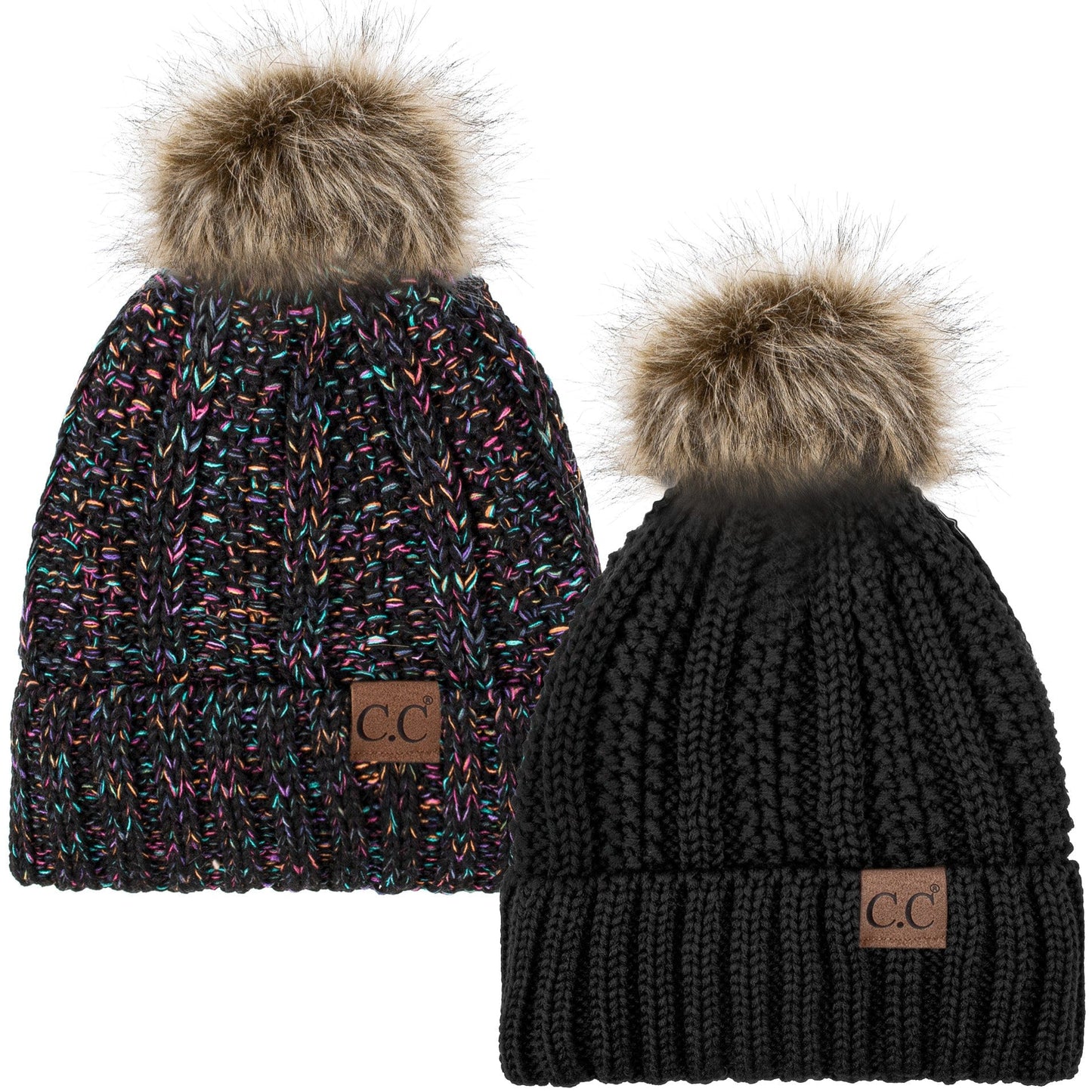 C.C Apparel Black and Mix 32 C.C Winter Warm Hat Pack of 2 with Faux Fur Pom Pom, Thick Cable Knit Beanie and Fleece Lined Cuff, Black and Color of Your Choice (YJ 820)