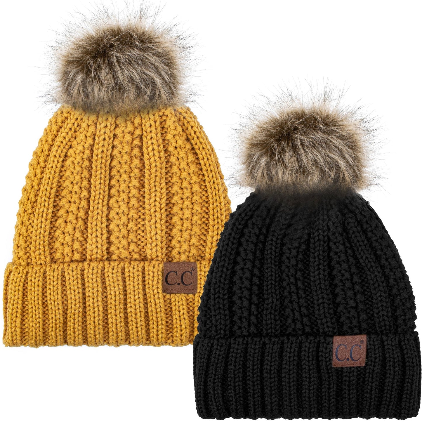 C.C Apparel Black and Mustard C.C Winter Warm Hat Pack of 2 with Faux Fur Pom Pom, Thick Cable Knit Beanie and Fleece Lined Cuff, Black and Color of Your Choice (YJ 820)