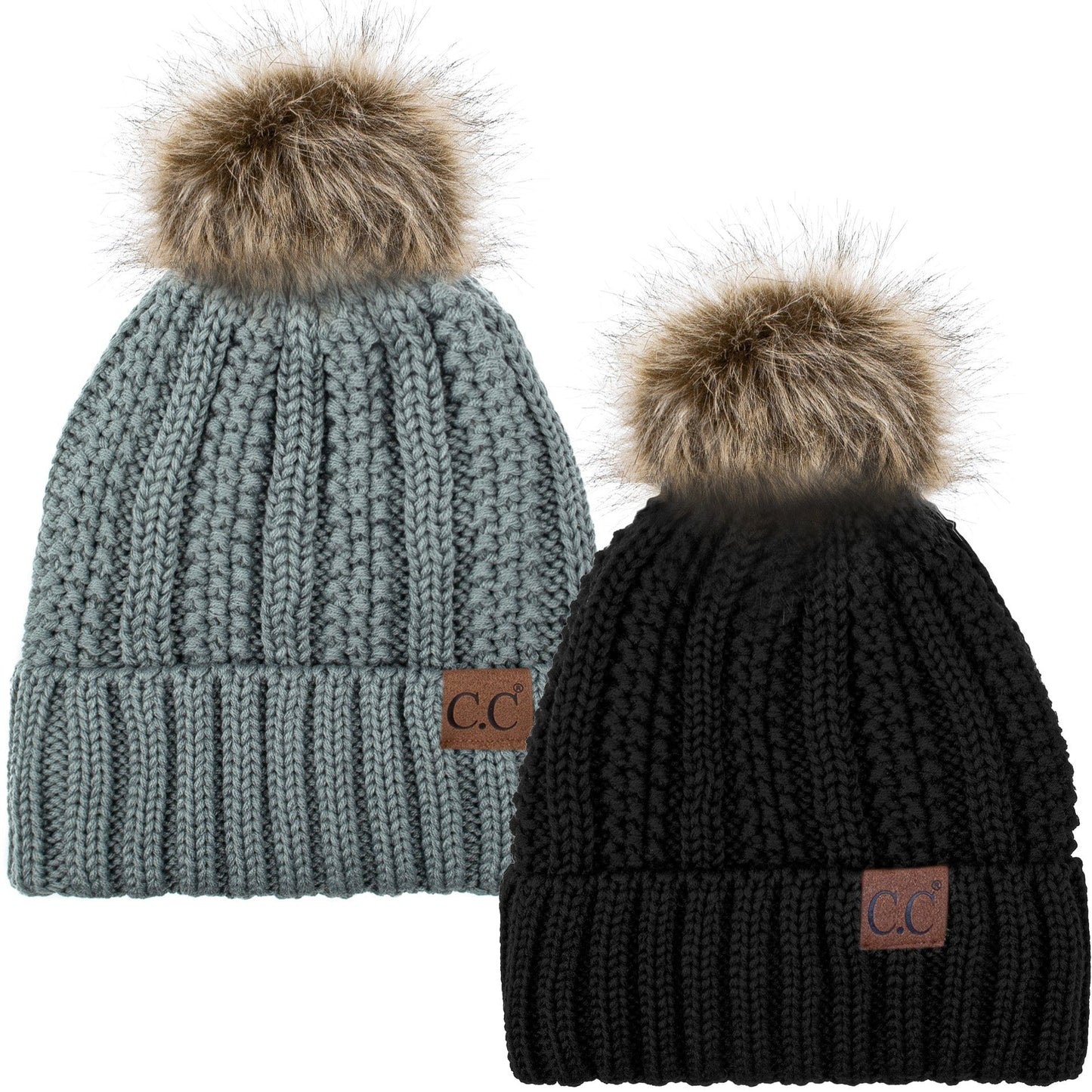 C.C Apparel Black and Natural Grey C.C Winter Warm Hat Pack of 2 with Faux Fur Pom Pom, Thick Cable Knit Beanie and Fleece Lined Cuff, Black and Color of Your Choice (YJ 820)