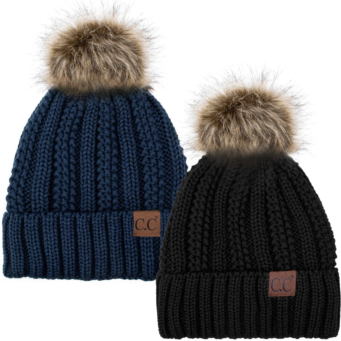C.C Apparel Black and Navy C.C Winter Warm Hat Pack of 2 with Faux Fur Pom Pom, Thick Cable Knit Beanie and Fleece Lined Cuff, Black and Color of Your Choice (YJ 820)