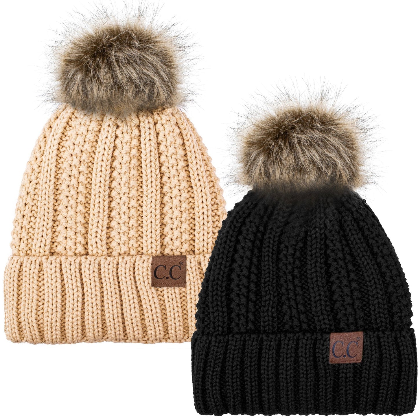 C.C Apparel Black and New Beige C.C Winter Warm Hat Pack of 2 with Faux Fur Pom Pom, Thick Cable Knit Beanie and Fleece Lined Cuff, Black and Color of Your Choice (YJ 820)