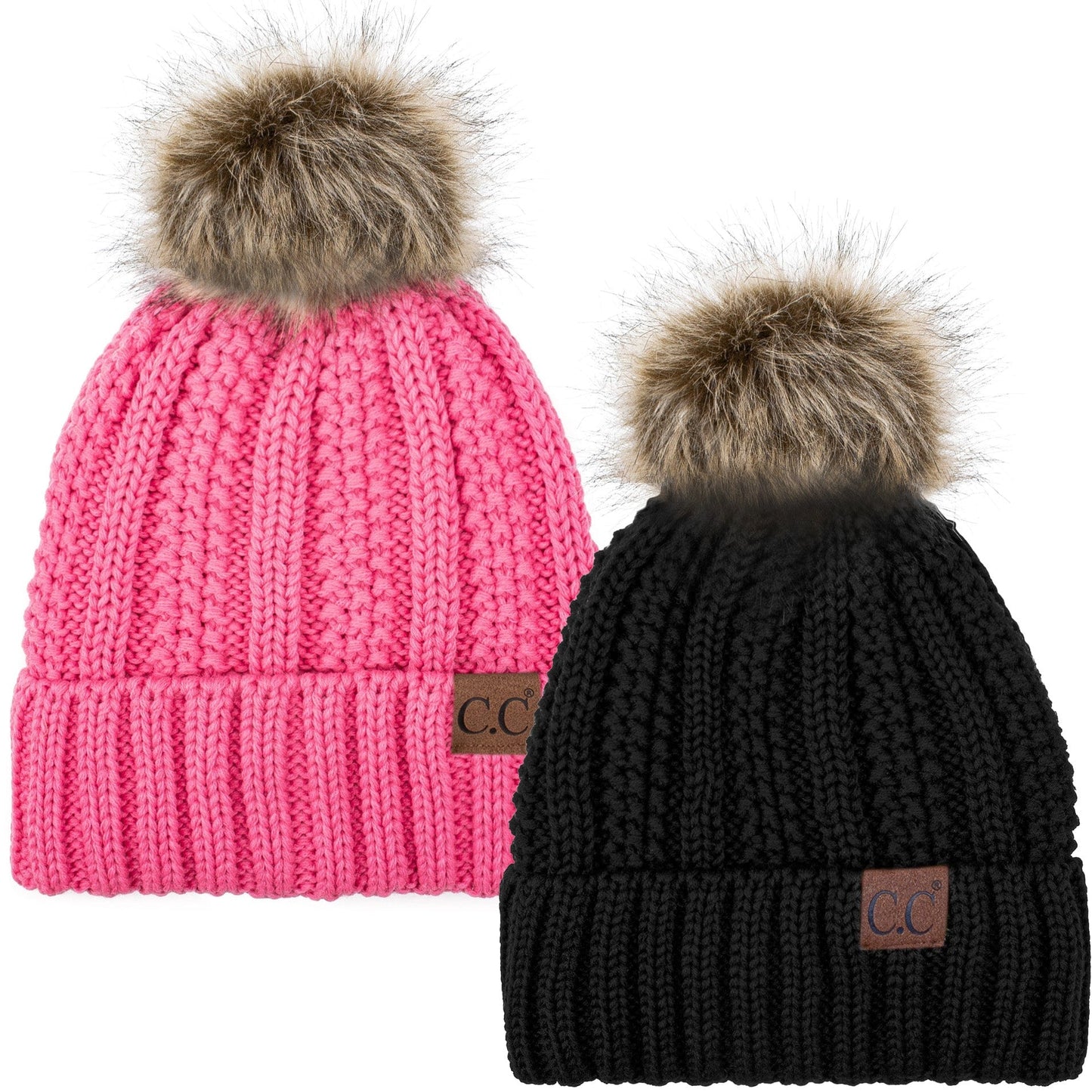 C.C Apparel Black and New Candy Pink C.C Winter Warm Hat Pack of 2 with Faux Fur Pom Pom, Thick Cable Knit Beanie and Fleece Lined Cuff, Black and Color of Your Choice (YJ 820)