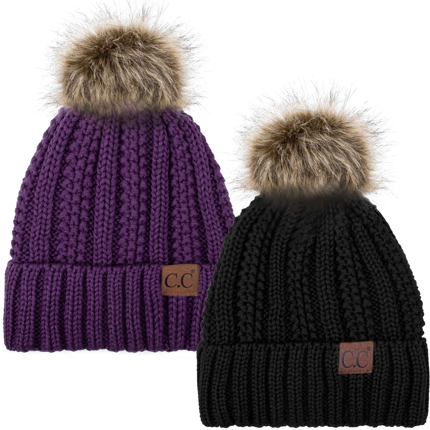 C.C Apparel Black and Purple C.C Winter Warm Hat Pack of 2 with Faux Fur Pom Pom, Thick Cable Knit Beanie and Fleece Lined Cuff, Black and Color of Your Choice (YJ 820)
