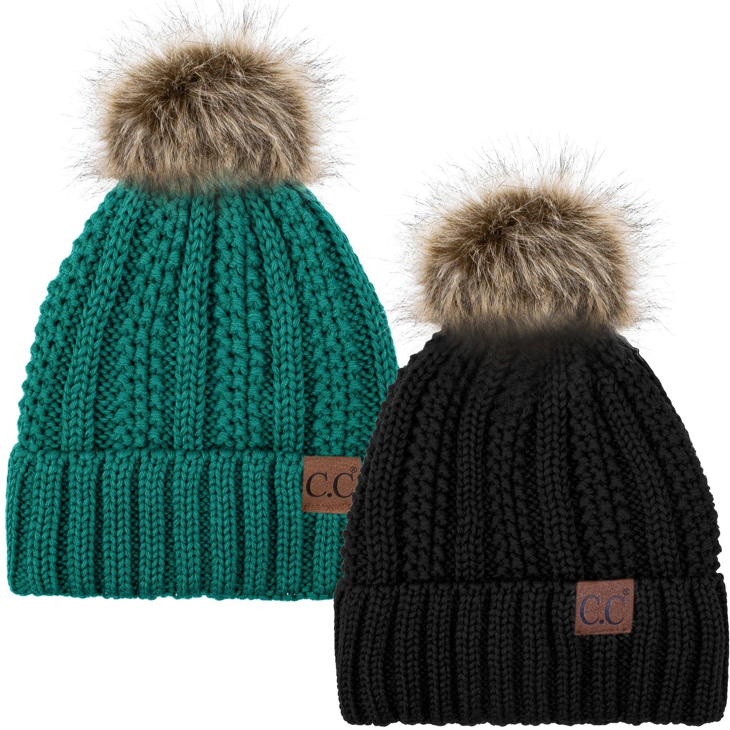 C.C Apparel Black and Sea Green C.C Winter Warm Hat Pack of 2 with Faux Fur Pom Pom, Thick Cable Knit Beanie and Fleece Lined Cuff, Black and Color of Your Choice (YJ 820)