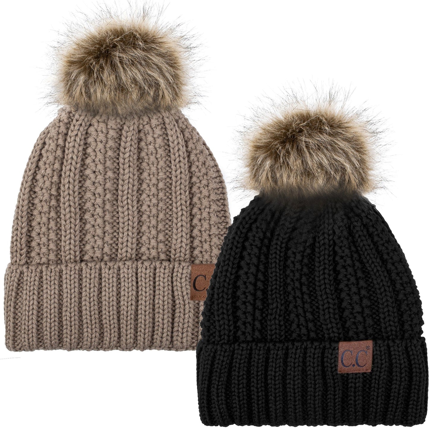 C.C Apparel Black and Taupe C.C Winter Warm Hat Pack of 2 with Faux Fur Pom Pom, Thick Cable Knit Beanie and Fleece Lined Cuff, Black and Color of Your Choice (YJ 820)