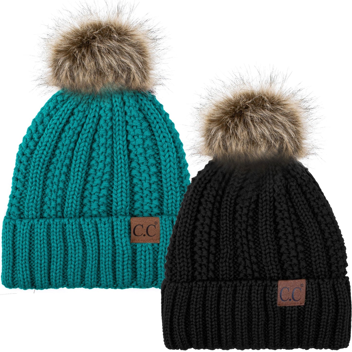C.C Apparel Black and Teal C.C Winter Warm Hat Pack of 2 with Faux Fur Pom Pom, Thick Cable Knit Beanie and Fleece Lined Cuff, Black and Color of Your Choice (YJ 820)