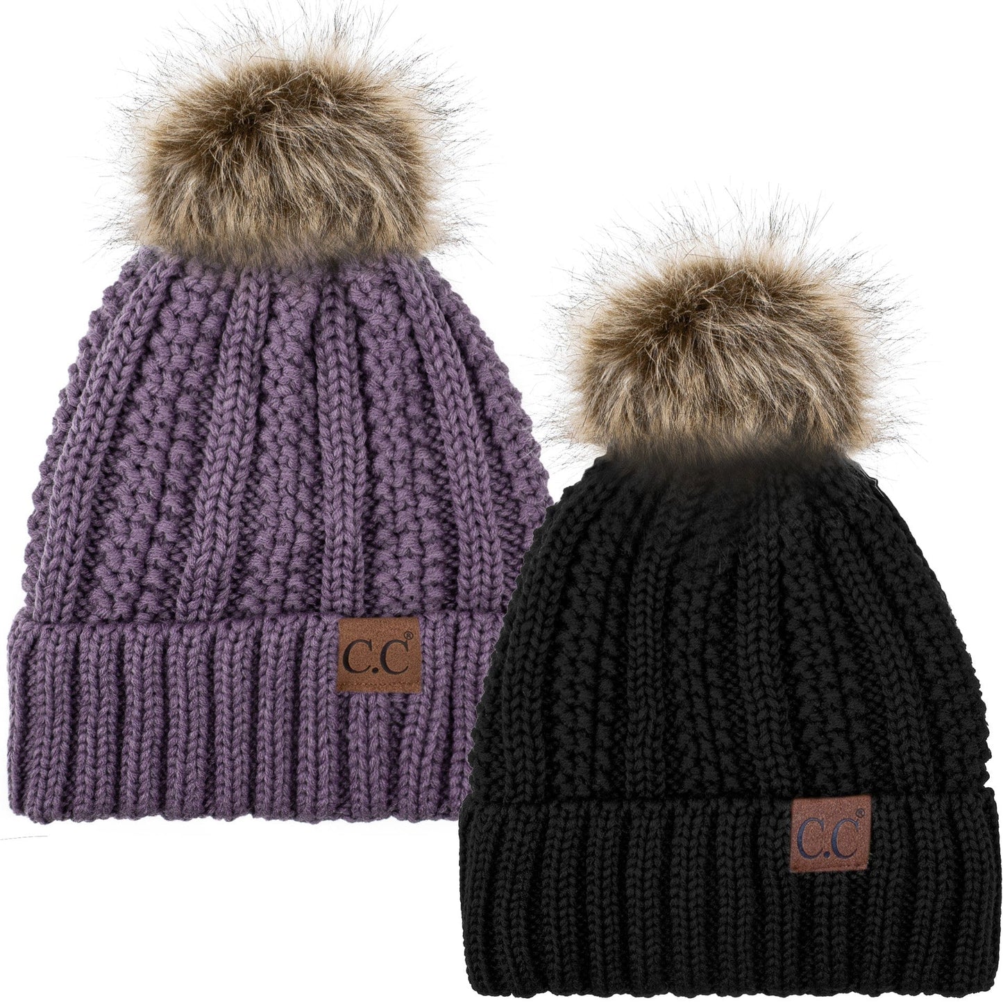 C.C Apparel Black and Violet C.C Winter Warm Hat Pack of 2 with Faux Fur Pom Pom, Thick Cable Knit Beanie and Fleece Lined Cuff, Black and Color of Your Choice (YJ 820)