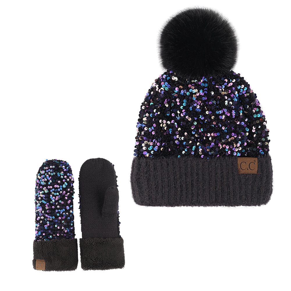 C.C Apparel Purple Black C.C Women Fuzzy Lined Sequin Fur Pom Beanie & Mitten Set