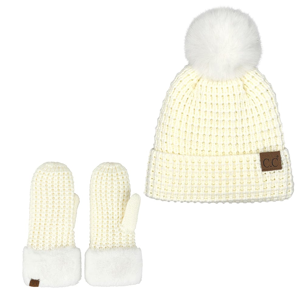 C.C Apparel C.C Women Waffle Knit Fuzzy Sherpa Lined Pom Beanie & Mitten Winter Gloves Set