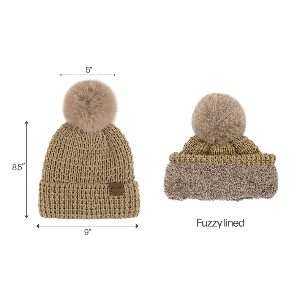 C.C Apparel C.C Women Waffle Knit Fuzzy Sherpa Lined Pom Beanie & Mitten Winter Gloves Set