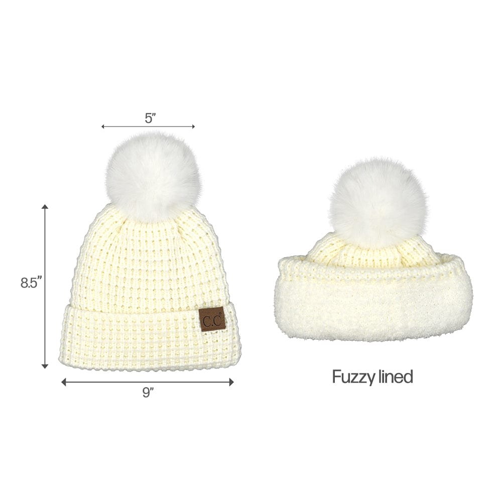 C.C Apparel C.C Women Waffle Knit Fuzzy Sherpa Lined Pom Beanie & Mitten Winter Gloves Set