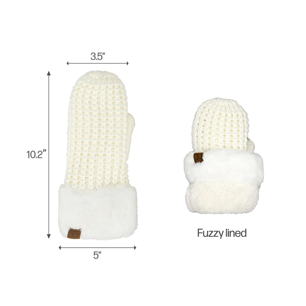 C.C Apparel C.C Women Waffle Knit Fuzzy Sherpa Lined Pom Beanie & Mitten Winter Gloves Set