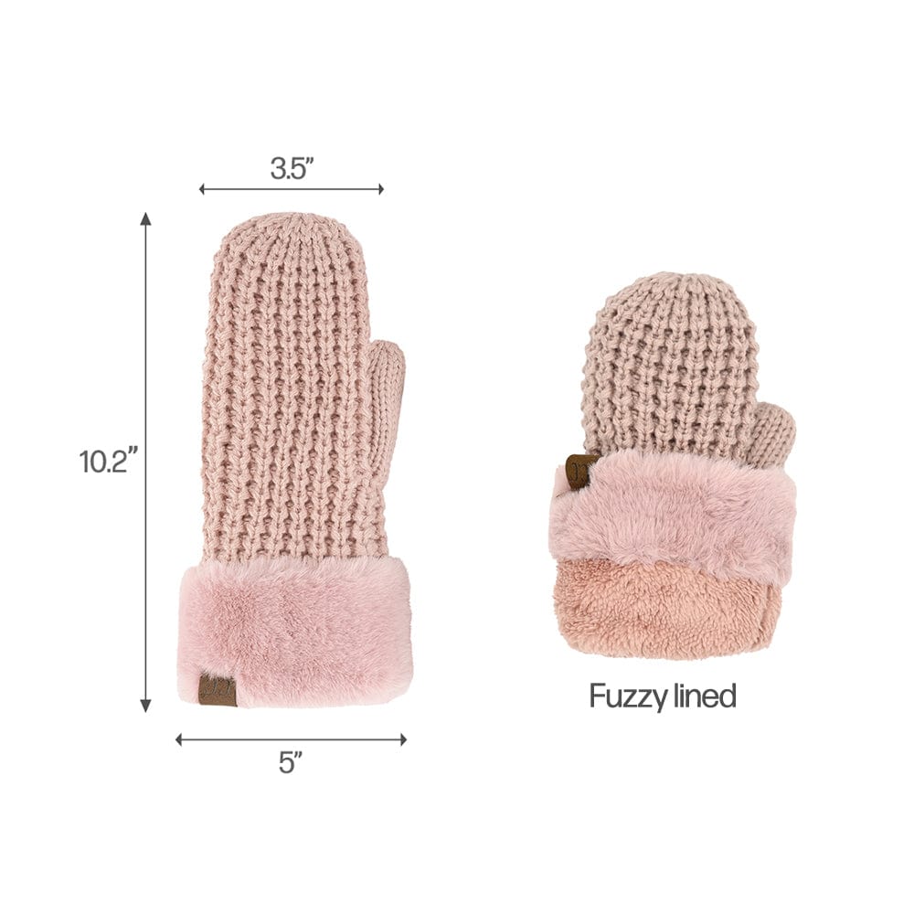 C.C Apparel C.C Women Waffle Knit Fuzzy Sherpa Lined Pom Beanie & Mitten Winter Gloves Set