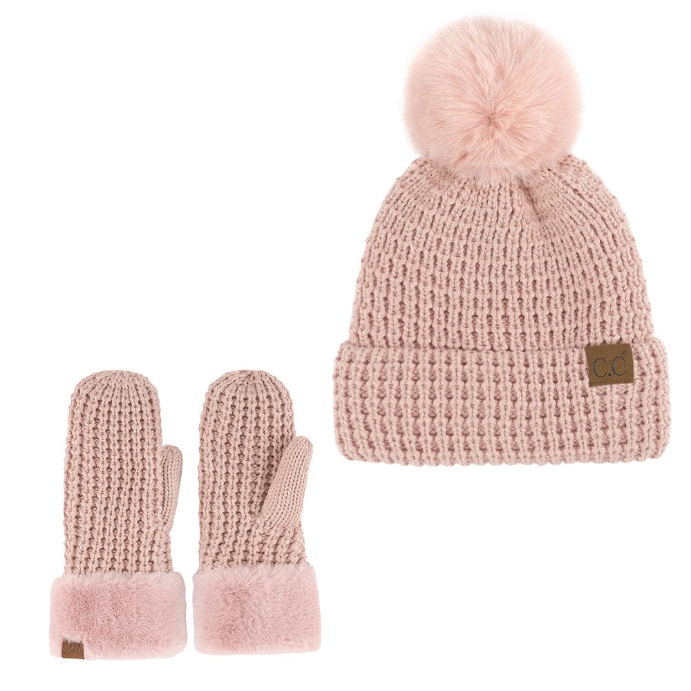 C.C Apparel C.C Women Waffle Knit Fuzzy Sherpa Lined Pom Beanie & Mitten Winter Gloves Set