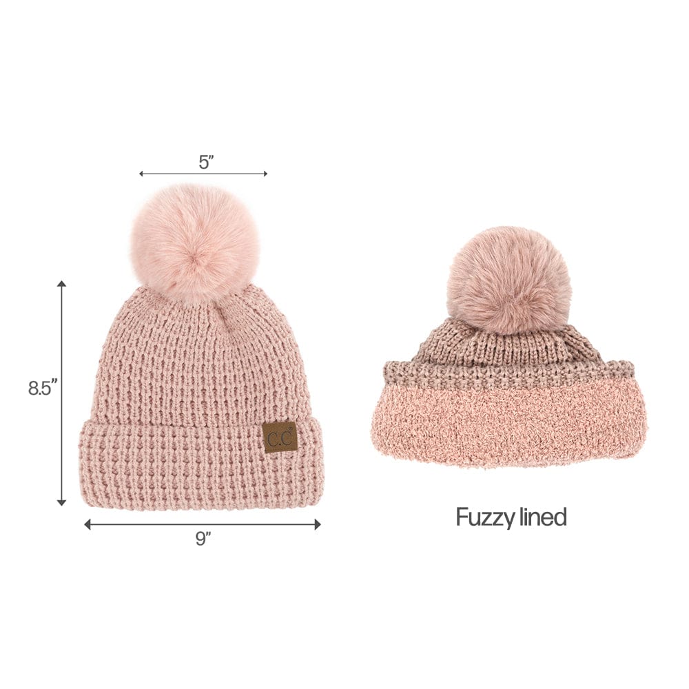 C.C Apparel C.C Women Waffle Knit Fuzzy Sherpa Lined Pom Beanie & Mitten Winter Gloves Set