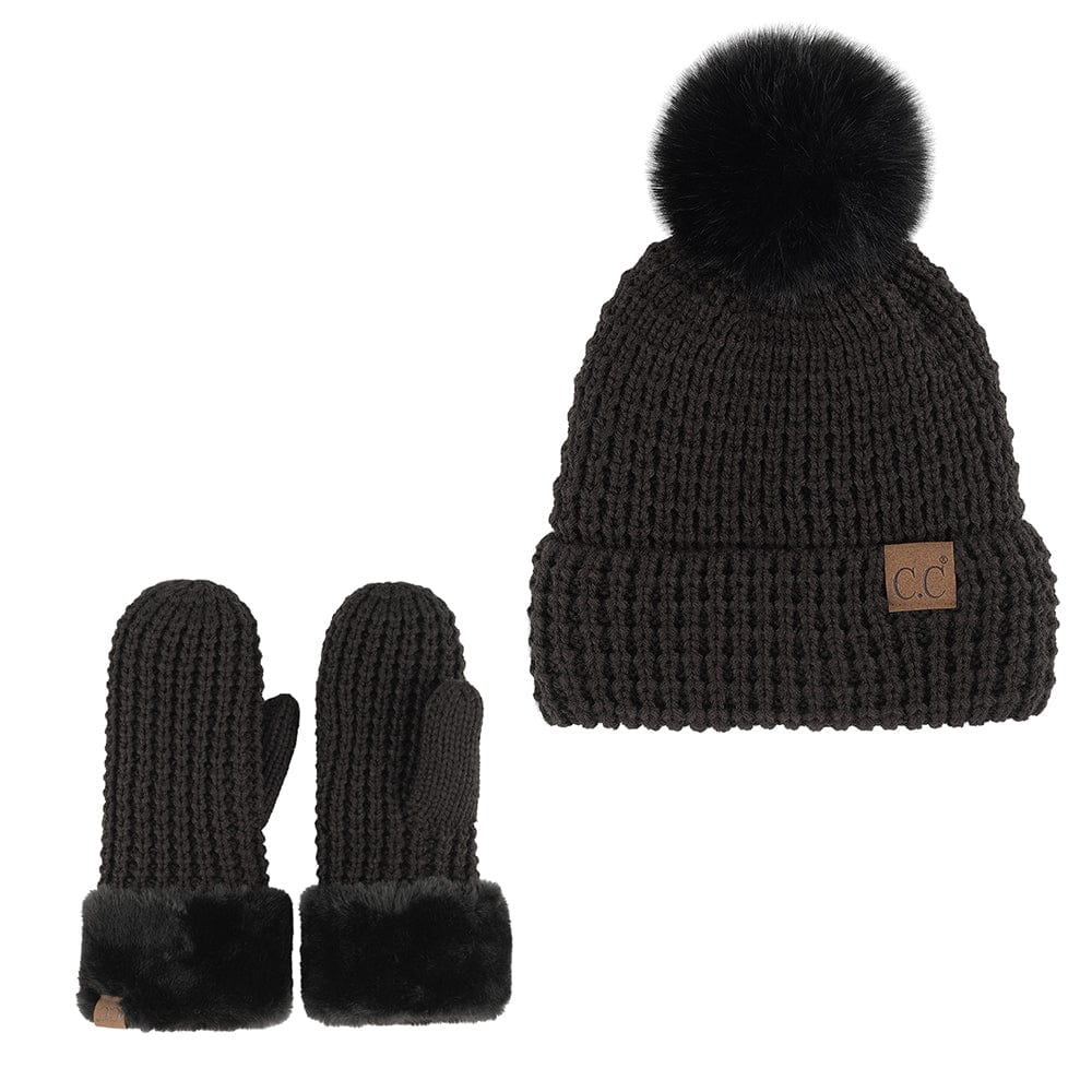 C.C Apparel C.C Women Waffle Knit Fuzzy Sherpa Lined Pom Beanie & Mitten Winter Gloves Set