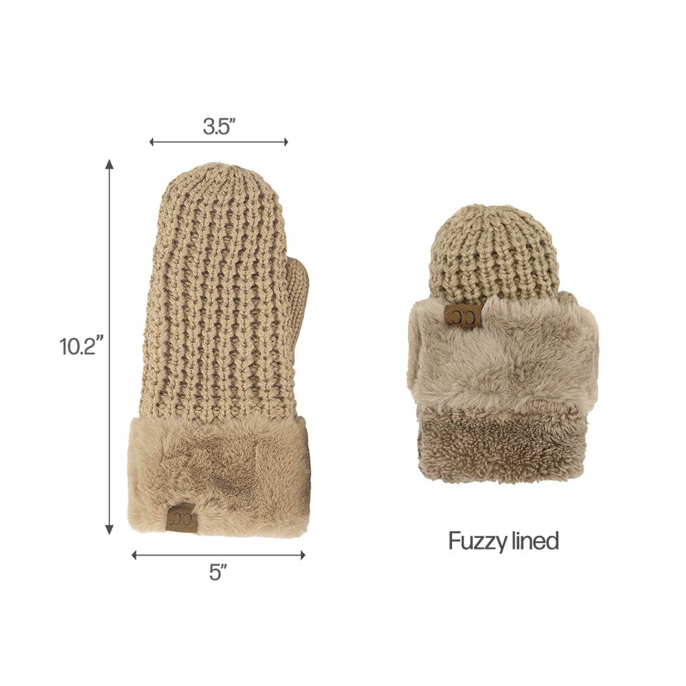 C.C Apparel C.C Women Waffle Knit Fuzzy Sherpa Lined Pom Beanie & Mitten Winter Gloves Set