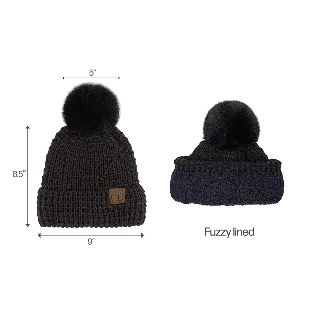 C.C Apparel C.C Women Waffle Knit Fuzzy Sherpa Lined Pom Beanie & Mitten Winter Gloves Set