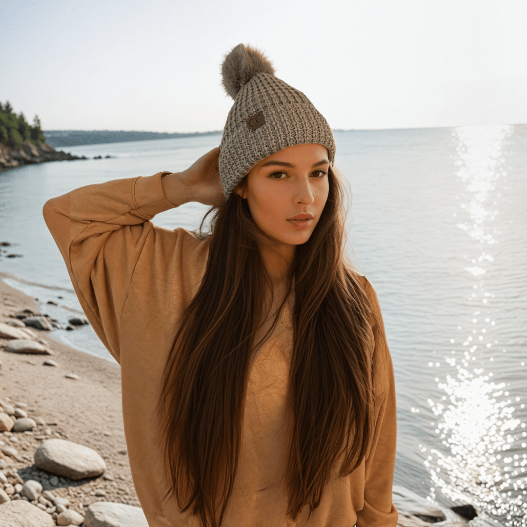 C.C Apparel C.C Women Waffle Knit Fuzzy Sherpa Lined Pom Beanie & Mitten Winter Gloves Set