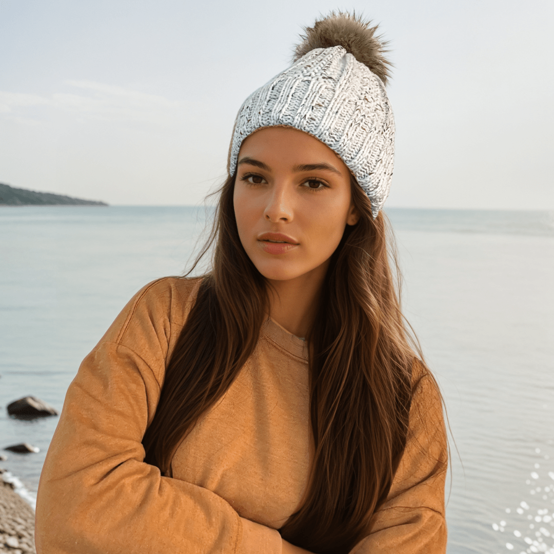 C.C Apparel C.C YJ820 - Thick Cable Knit Hat Faux Fur Pom Pom Fleece Lined Confetti Skull Cap Cuff Beanie