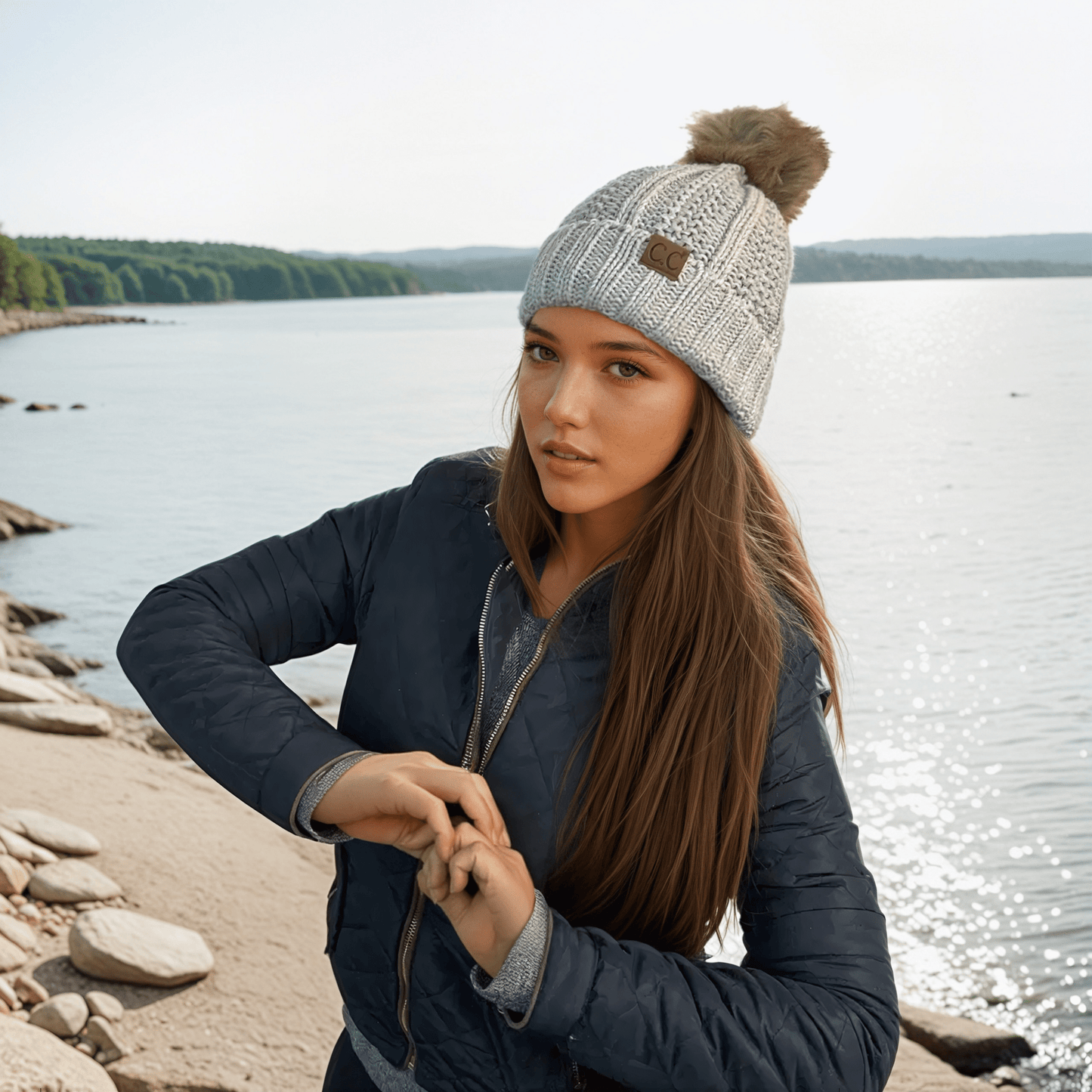 C.C Apparel C.C YJ820 - Thick Cable Knit Hat Faux Fur Pom Pom Fleece Lined Mixed Skull Cap Cuff Beanie