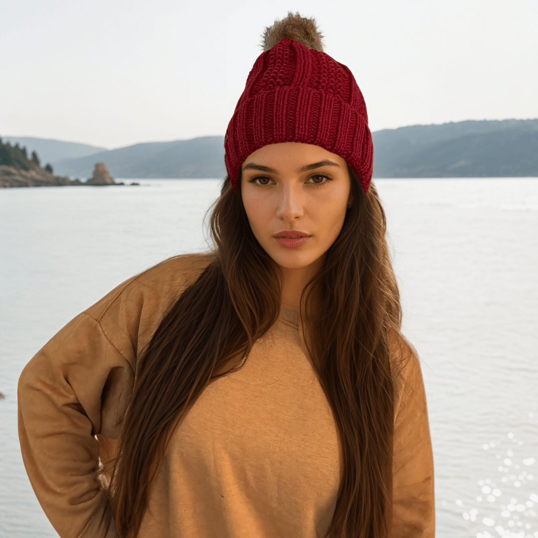 C.C Apparel C.C YJ820 - Thick Cable Knit Hat Faux Fur Pom Pom Fleece Lined Skull Cap Cuff Beanie