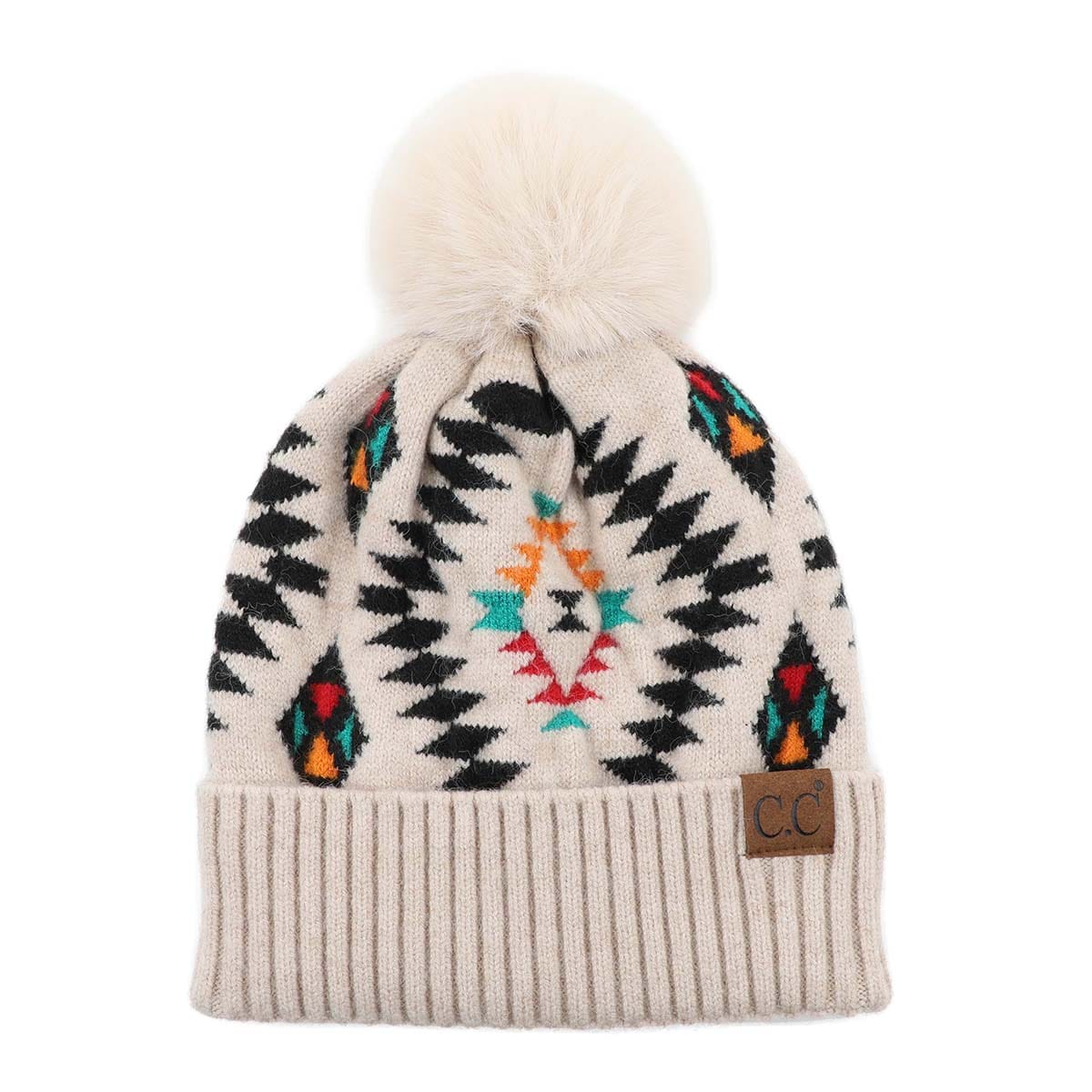 C.C Apparel Beige CC Authentic Aztec Design Chunky Cable Knit Beanie with Faux Fur Pom - Winter Warm Stretch Hat for Men & Women - HAT 3001