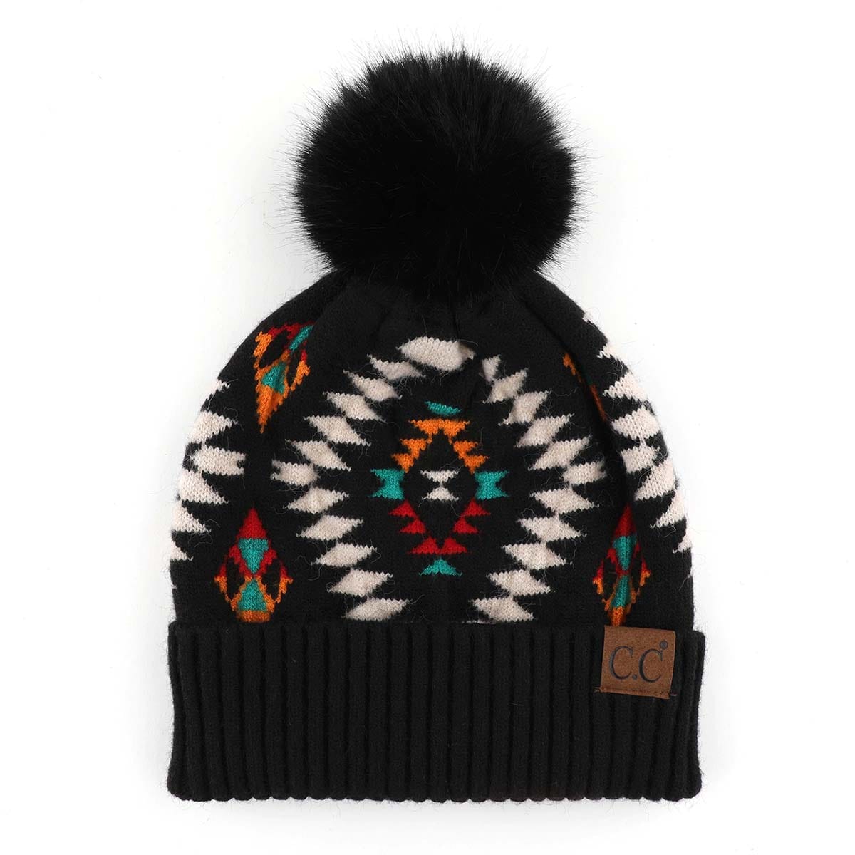 C.C Apparel Black CC Authentic Aztec Design Chunky Cable Knit Beanie with Faux Fur Pom - Winter Warm Stretch Hat for Men & Women - HAT 3001
