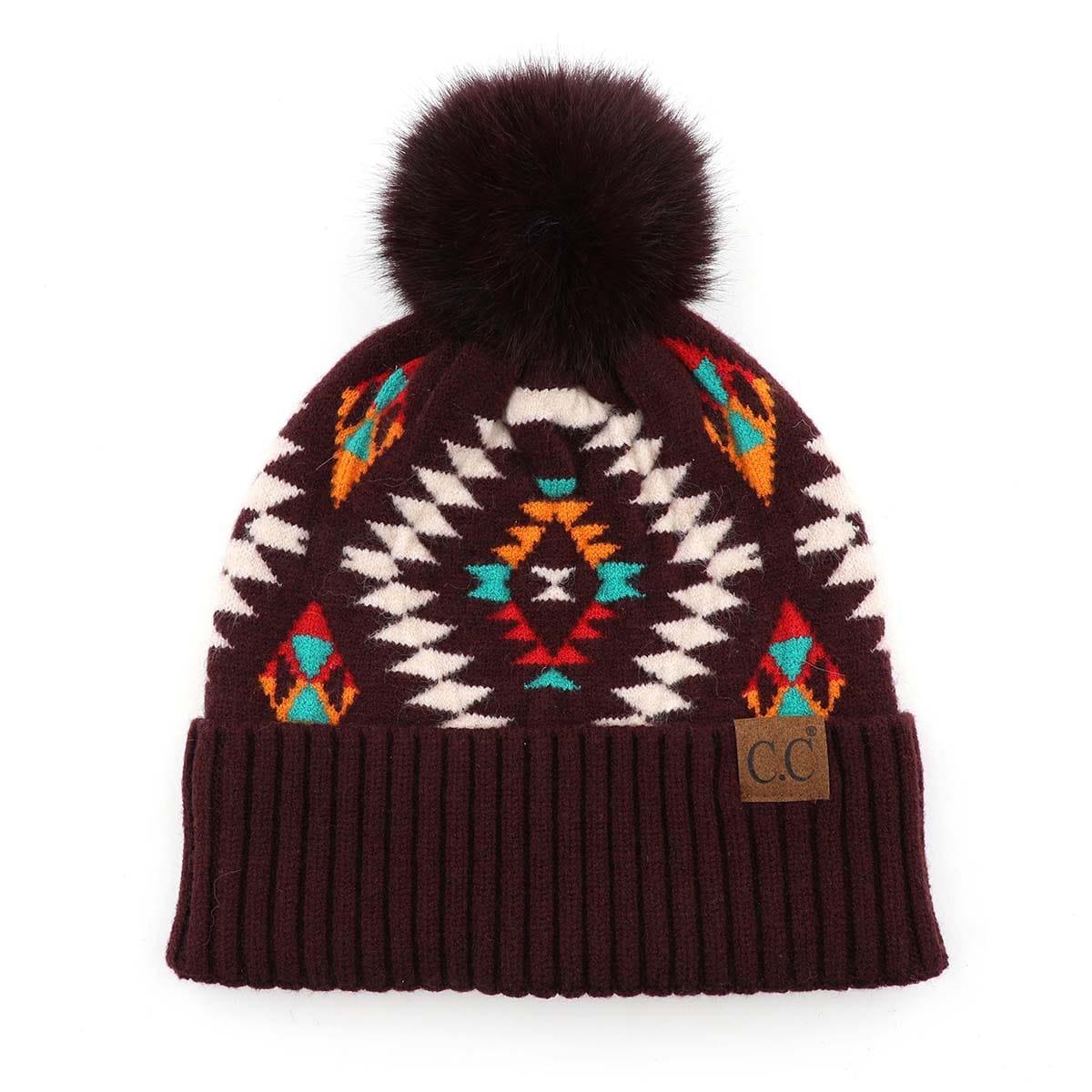 C.C Apparel Dark Berry CC Authentic Aztec Design Chunky Cable Knit Beanie with Faux Fur Pom - Winter Warm Stretch Hat for Men & Women - HAT 3001